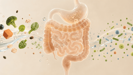 Biology style digestive system visual with food fibre water and microbiome cues