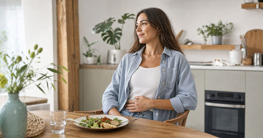 Person sitting calmly in a natural kitchen after a meal with a gentle hand near the abdomen