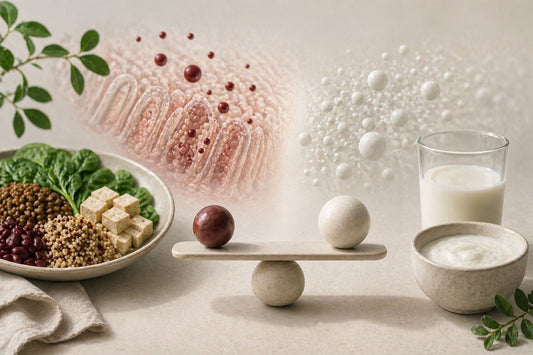 Conceptual image of iron-rich meal and calcium foods with subtle biological particles showing how calcium can interfere with iron absorption when consumed together