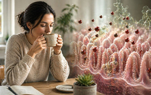 Woman drinking coffee with a subtle biological overlay of the intestinal lining showing iron particles interacting near absorption surface