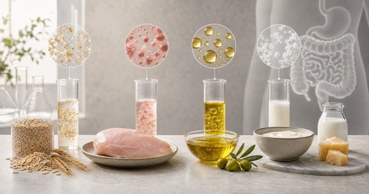 Food-science still life illustrating digestive enzymes and the breakdown of carbohydrates proteins fats and lactose
