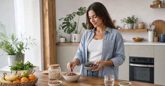 Person preparing a gut friendly breakfast in a natural kitchen with fibre rich foods