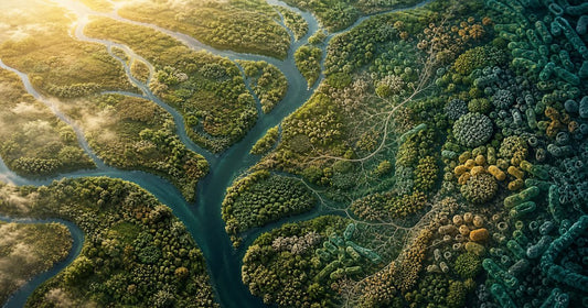 River-system landscape merging into microbiome ecology as a visual metaphor for gut health and metabolism