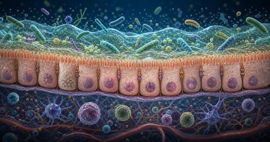 Biomedical editorial illustration of gut barrier microbiota and immune-system interaction