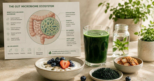Gut health image showing a microbiome ecosystem diagram beside a spirulina smoothie, yoghurt with berries, fermented food, and spirulina nibs in warm natural light.