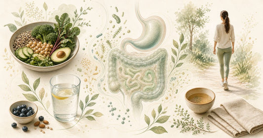 Food-first gut health routine visual with fibre foods water movement and microbiome accents