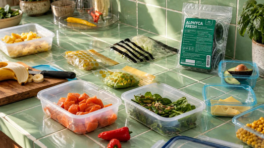 ALPHYCA Fresh Spirulina beside prepared ingredients and food containers on a sunlit kitchen counter.