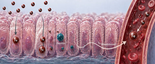 Iron particles moving through the intestinal lining into the bloodstream, illustrating the natural absorption process in the gut