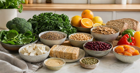 Vegan iron-rich foods including lentils, chickpeas, tofu, leafy greens, seeds, dried apricots and citrus on a kitchen table
