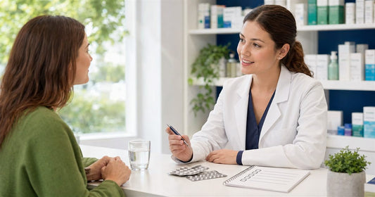 Pharmacy consultation about iron tablet side effects with clinician, patient, water, blister packs, and checklist