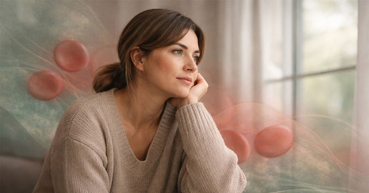 Thoughtful woman in a softly lit minimalist interior with subtle biological red blood cell and iron-pathway inspired overlays, representing low ferritin and iron absorption.