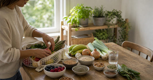 Person unpacking prebiotic foods including oats legumes leeks onions asparagus fruit seeds and water