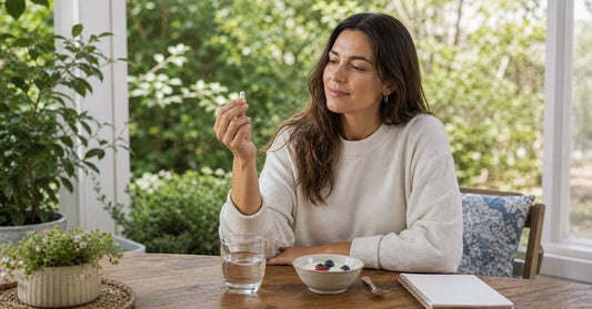 Person on a garden patio holding an unbranded probiotic capsule with water and yoghurt nearby