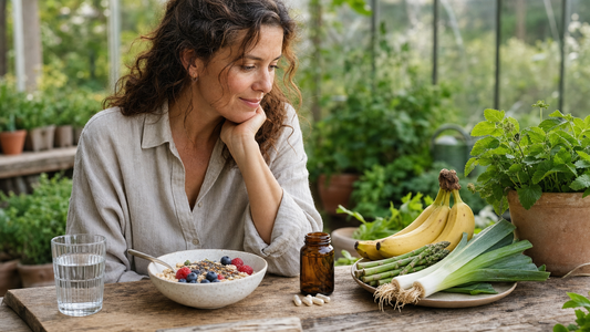 Person at a greenhouse table comparing prebiotic foods with a plain probiotic supplement bottle