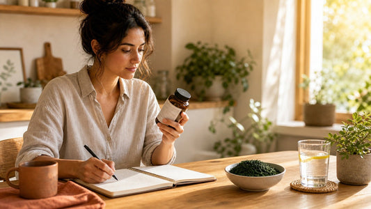 Person carefully reading a supplement label beside Spirulina nibs and notes in warm morning light