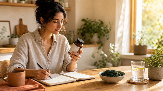 Person carefully reading a supplement label beside Spirulina nibs and notes in warm morning light