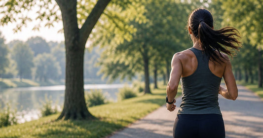 Rear view of a woman running calmly through a park in soft natural light representing steady everyday health and vitality