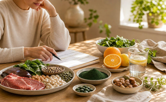 Warm food-first Spirulina and low-iron interest scene with blood-test notes, iron-rich foods, and calm GP guidance cues