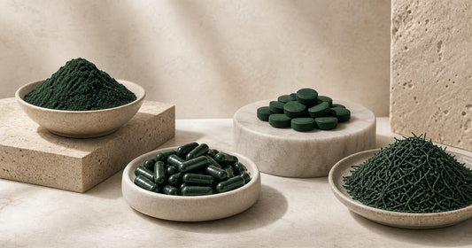 Editorial gallery of Spirulina powder capsules tablets and nibs as different product formats
