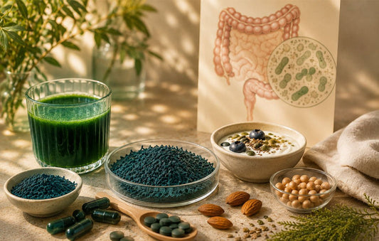 Warm natural still life showing spirulina nibs in a petri dish beside a deep blue-green spirulina smoothie, probiotic foods, and gut health illustration in soft sunlight representing prebiotic-style nutritional support and microbiome balance.