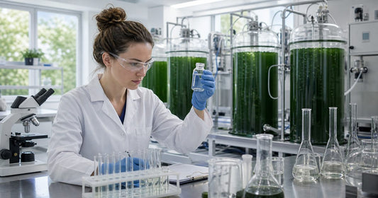 Laboratory quality-control scene testing Spirulina samples for contaminants and traceability