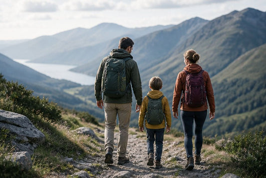 Family walking along a mountain path in soft natural light representing thoughtful and responsible health choices