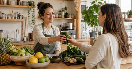 Organic café owner handing a freshly prepared Spirulina smoothie to a customer