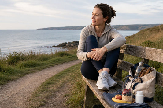 Woman sitting on a bench after a coastal walk, and enjoying a calm outdoor moment, illustrating a healthy daily lifestyle that supports gut health and probiotics.